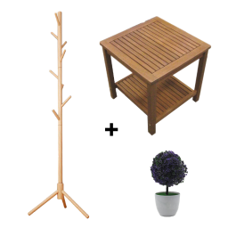 Mesa Ratona 2 niveles Madera + Perchero + Planta Decorativa