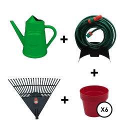 Kit para Jardin - Regadera + Manguera 18mts+ 6 Macetas+ Escobilla